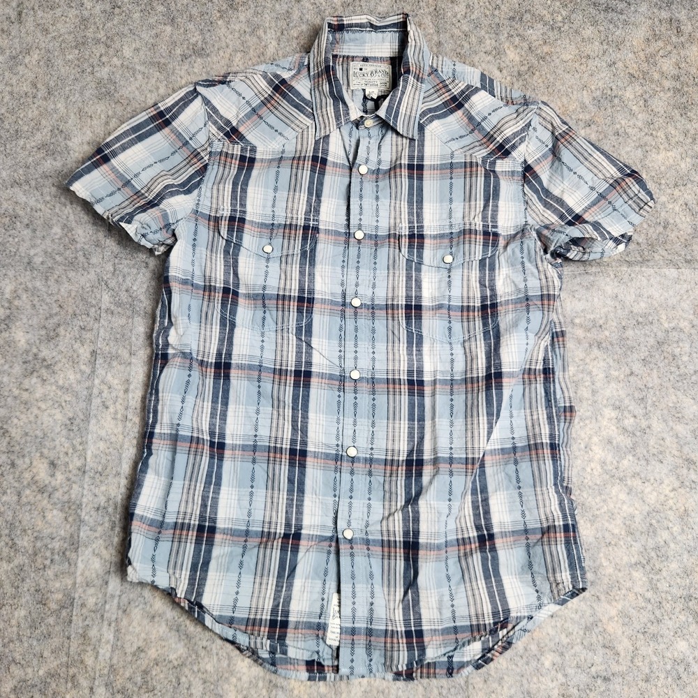 Lucky Brand Pearl Snap Western Shirt Men S Blue Scotch Plaid Short Sleeve Button